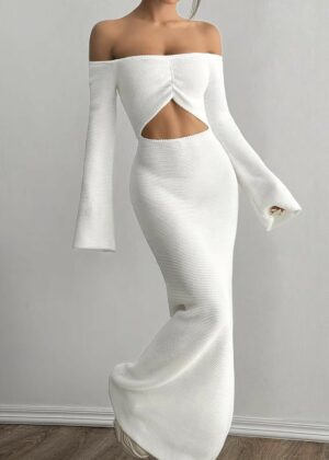 Дълга плетена бяла рокля